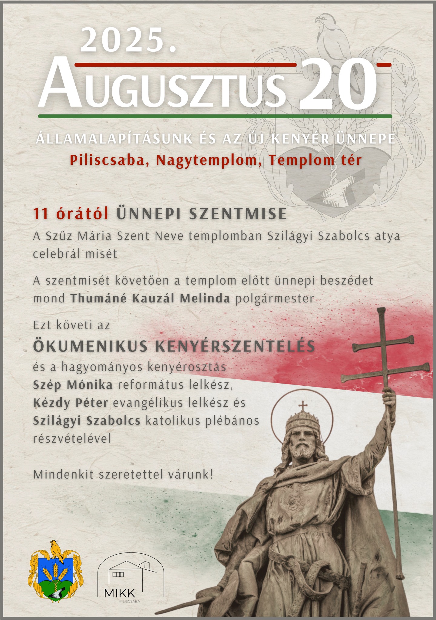 Augusztus 20.: államalapítás ünnepe és kenyérszentelés Piliscsabán